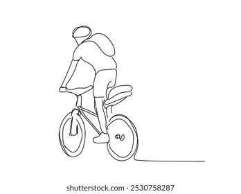 Dibujo continuo de una línea Hombre en una bicicleta. Un dibujo de línea continua de un niño que monta en bicicleta.  El hombre disfruta montando su ciclo en la mañana para hacer ejercicio. Vector hecho a mano, no IA.