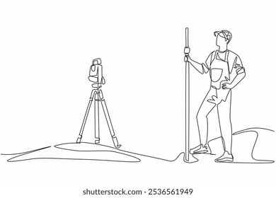 Continuous one line drawing man measures land using total station. New project plan. Measuring angles and distances. Theodolite. The expert. Geologists Day. Single line draw design vector illustration