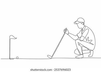 Continuo de una línea de dibujo hombre arrodillado sostener el club de golf viendo la pelota de golf. Mida el ángulo y la distancia a la bola de campo. El aficionado como un profesional. Ilustración vectorial de diseño de dibujo de línea única