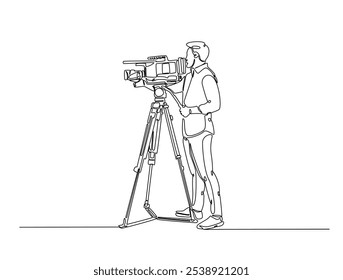 Continuous one line drawing of man videographer holds camcorder. Cameramen or videographer single line art vector illustration. Editable vector. 
