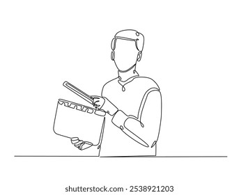 Um desenho contínuo de uma linha do homem segurando clapper board. produtor segurando clapboard ilustração vetor de arte de linha única. Vetor editável. 
