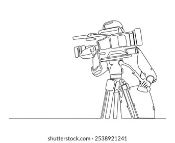 Continuous one line drawing of man videographer holds camcorder. Cameramen or videographer single line art vector illustration. Editable vector. 
