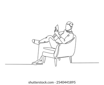 Continuous one line drawing of man reading book in cozy armchair. Editable vector. 
