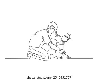 Continuous one line drawing of man planting plant on the ground. Gardening single line draw vector illustration. Editable vector. 
