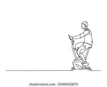 Dibujo continuo de una línea de hombre montando bicicleta estacionaria. Ejercicio cardiovascular utilizando equipo de gimnasio Ilustración vectorial de dibujo de una sola línea. Vector editable. 
