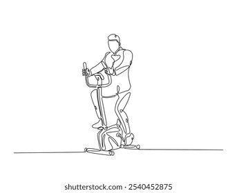 Dibujo continuo de una línea de hombre montando bicicleta estacionaria. Ejercicio cardiovascular utilizando equipo de gimnasio Ilustración vectorial de dibujo de una sola línea. Vector editable. 
