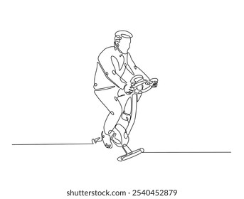 Dibujo continuo de una línea de hombre montando bicicleta estacionaria. Ejercicio cardiovascular utilizando equipo de gimnasio Ilustración vectorial de dibujo de una sola línea. Vector editable. 
