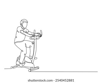 Dibujo continuo de una línea de hombre montando bicicleta estacionaria. Ejercicio cardiovascular utilizando equipo de gimnasio Ilustración vectorial de dibujo de una sola línea. Vector editable. 
