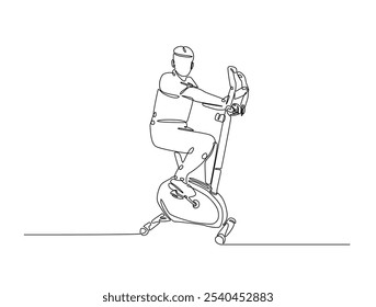 Desenho contínuo de uma linha do homem montando bicicleta estacionária. Exercício cardíaco usando bicicleta estacionária ilustração vetor desenho linha única. Vetor editável. 
