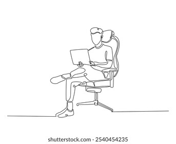 Continuous one line drawing of man siitting in cozy armchair working on laptop. Man is working in chair with a notebook single line art vector illustration. Editable vector. 
