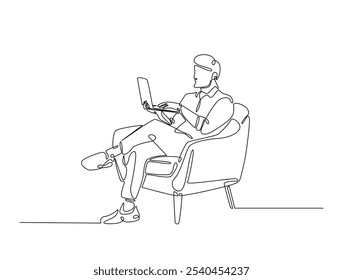 Continuous one line drawing of man siitting in cozy armchair working on laptop. Man is working in chair with a notebook single line art vector illustration. Editable vector. 

