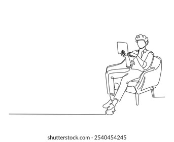 Continuous one line drawing of man siitting in cozy armchair working on laptop. Man is working in chair with a notebook single line art vector illustration. Editable vector. 
