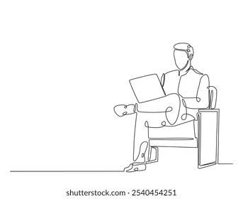 Continuous one line drawing of man siitting in cozy armchair working on laptop. Man is working in chair with a notebook single line art vector illustration. Editable vector. 
