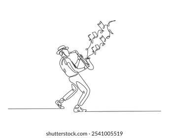 Continuous one line drawing of man holding Saxophone with note music. Saxophone player single line art vector illustration. Editable vector. 
