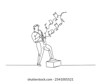 Continuous one line drawing of man holding Saxophone with note music. Saxophone player single line art vector illustration. Editable vector. 
