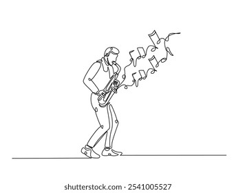 Continuous one line drawing of man holding Saxophone with note music. Saxophone player single line art vector illustration. Editable vector. 
