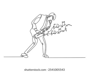 Continuous one line drawing of man holding Saxophone with note music. Saxophone player single line art vector illustration. Editable vector. 
