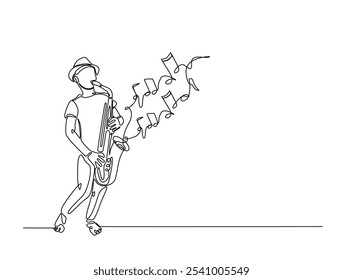 Continuous one line drawing of man holding Saxophone with note music. Saxophone player single line art vector illustration. Editable vector. 
