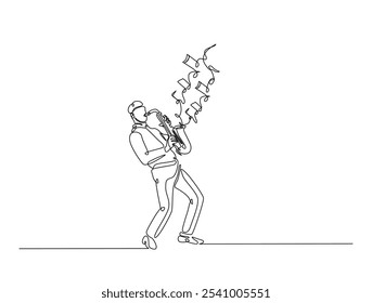 Continuous one line drawing of man holding Saxophone with note music. Saxophone player single line art vector illustration. Editable vector. 
