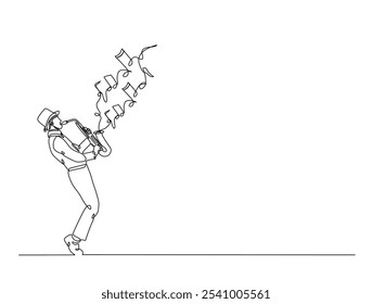 Continuous one line drawing of man holding Saxophone with note music. Saxophone player single line art vector illustration. Editable vector. 
