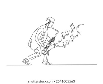 Continuous one line drawing of man holding Saxophone with note music. Saxophone player single line art vector illustration. Editable vector. 
