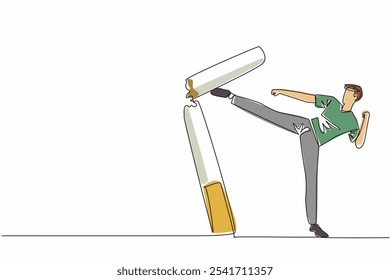 Continuous one line drawing man kicks big cigarette stick until it breaks. Professional athlete who loves healthy living. No cigarette smoke in daily life. Single line draw design vector illustration