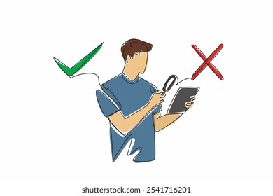 Una línea continua que dibuja un hombre apunta una lupa a una pestaña que está sosteniendo. Comprobando la verdad de las noticias. Evitando el engaño. Día Internacional de Verificación de Datos. Ilustración vectorial de diseño de dibujo de línea única