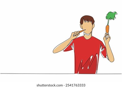 Continua una línea dibujando el hombre sostener la zanahoria y comerla. Coma de inmediato sin hervir. El contenido de vitaminas todavía está completo. Día Internacional de la Zanahoria. Ilustración vectorial de diseño de dibujo de línea única