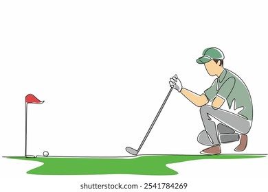 Continuo de una línea de dibujo hombre arrodillado sostener el club de golf viendo la pelota de golf. Mida el ángulo y la distancia a la bola de campo. El aficionado como un profesional. Ilustración vectorial de diseño de dibujo de línea única