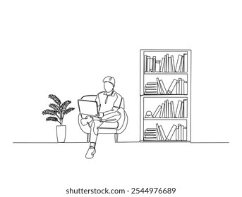 Desenho contínuo de uma linha do homem sentado em poltrona ao lado da estante da biblioteca. Vetor editável. 
