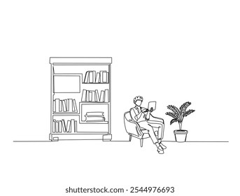 Continuous one line drawing of man sitting in armchair beside the library bookshelf. Editable vector. 
