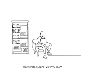 Desenho contínuo de uma linha do homem sentado em poltrona ao lado da estante da biblioteca. Vetor editável. 
