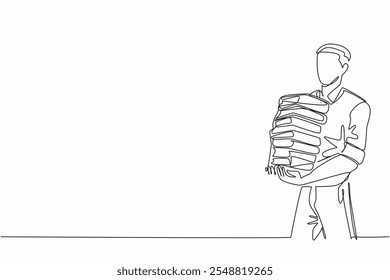 Continua una línea dibujando a un hombre con ropa casual llevando una pila de libros tan alto como su cuello. Dona nuevos libros a la Biblioteca. Día Nacional del Bibliotecario. Ilustración vectorial de diseño de dibujo de línea única