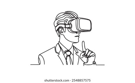 Continuous one line drawing Man in glasses device virtual reality