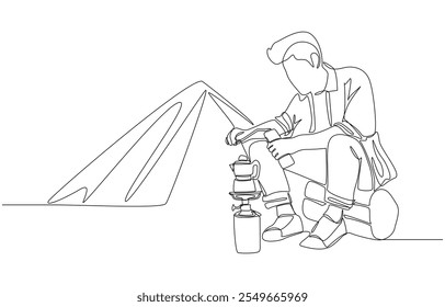 Dibujo continuo de una línea de hombre haciendo café mientras acampa solo, concepto de camping y relajación, arte de una sola línea.