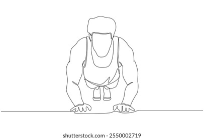 Continuous one line drawing of man doing plank exercise from front view, fitness training concept, single line art.