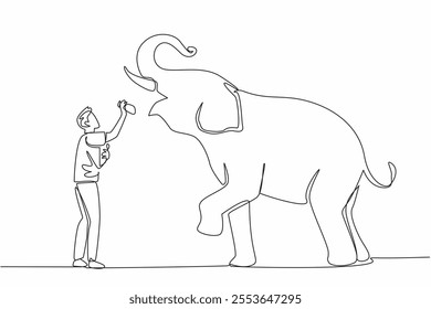 Continuous one line drawing a man stands in front of an elephant while putting food into the mouth of elephant. Feeding carefully. Save The Elephant Day. Single line draw design vector illustration