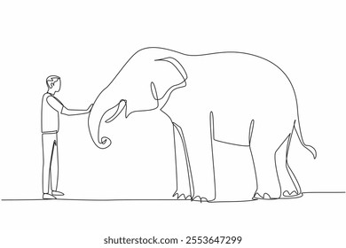 Continuous one line drawing a man in casual clothes standing in front of an elephant and stroking its trunk. Caring with affection. Save The Elephant Day. Single line draw design vector illustration