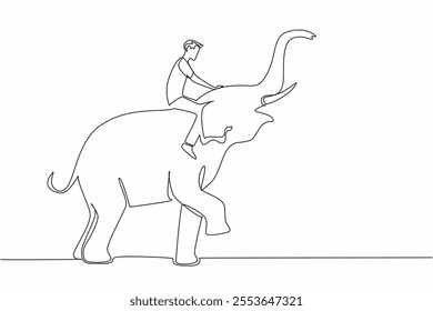 Continuous one line drawing a man sitting on standing elephant. Riding elephant to be taken back to the enclosure. Grooming routine. Save The Elephant Day. Single line draw design vector illustration