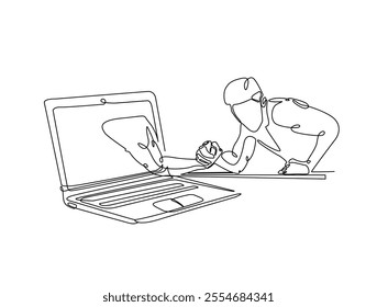 Continuous one line drawing of man fight arm wrestling with hand coming out from laptop. Metaphor of human versus technologi, AI, future tech illustration. Editable vector. 