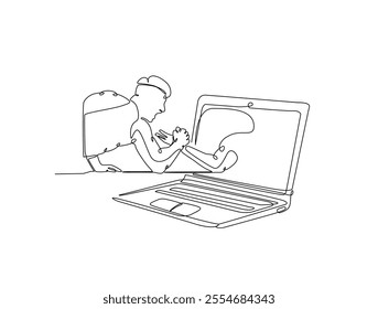 Continuous one line drawing of man fight arm wrestling with hand coming out from laptop. Metaphor of human versus technologi, AI, future tech illustration. Editable vector. 