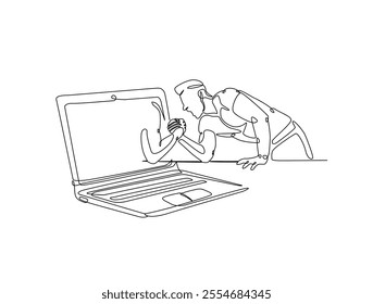 Continuous one line drawing of man fight arm wrestling with hand coming out from laptop. Metaphor of human versus technologi, AI, future tech illustration. Editable vector. 