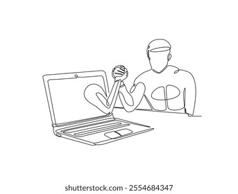 Continuous one line drawing of man fight arm wrestling with hand coming out from laptop. Metaphor of human versus technologi, AI, future tech illustration. Editable vector. 