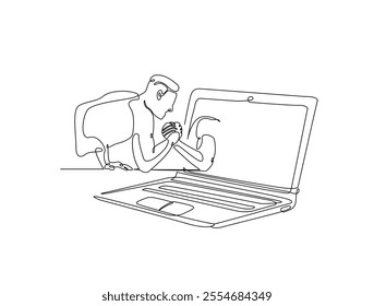 Continuous one line drawing of man fight arm wrestling with hand coming out from laptop. Metaphor of human versus technologi, AI, future tech illustration. Editable vector. 