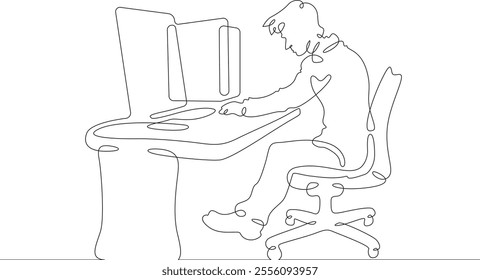Continuous one line drawing man working at computer. Personal computer. Young man sitting at table in front of monitor. One continuous line isolated minimal illustration.Not AI.