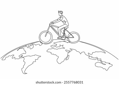 Continuous one line drawing a man riding a bicycle on a semicircular world map. A campaign. Protecting nature by not causing pollution. Iconic. Bicycle Day. Single line draw design vector illustration