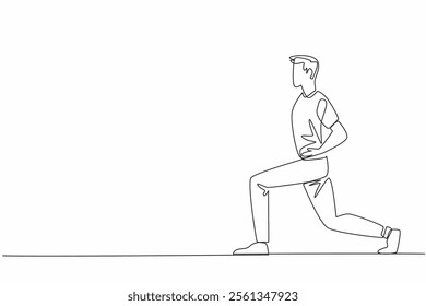 Continuous one line drawing man doing exercise by holding waist. Stretching. Avoid stiffness or cramps in the thighs during exercise. Love Your Thighs Day. Single line draw design vector illustration