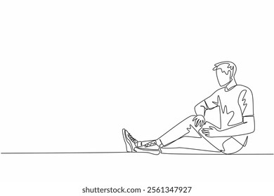 Continuous one line drawing a man sitting on the floor holding his thighs. Sports beyond the threshold. Thigh injury. Bear the pain. Love Your Thighs Day. Single line draw design vector illustration
