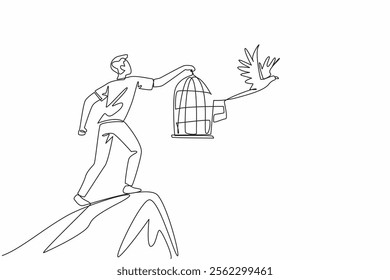 Continuous one line drawing man in casual clothes stood on hill releasing birds. Struggle to high ground to release into the wild. National Go Birding Day. Single line draw design vector illustration