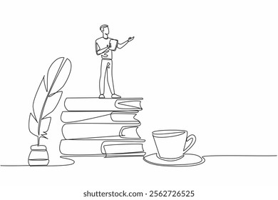 Continuous one line drawing a man reading poetry while holding a piece of paper. Classic style poetry artist. The poetic poet. Great Poetry Reading Day. Single line draw design vector illustration